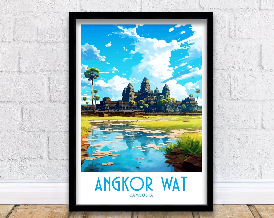 Angkor Wat Cambodia Ancient Temple Moat Palm Trees Reflection Poster