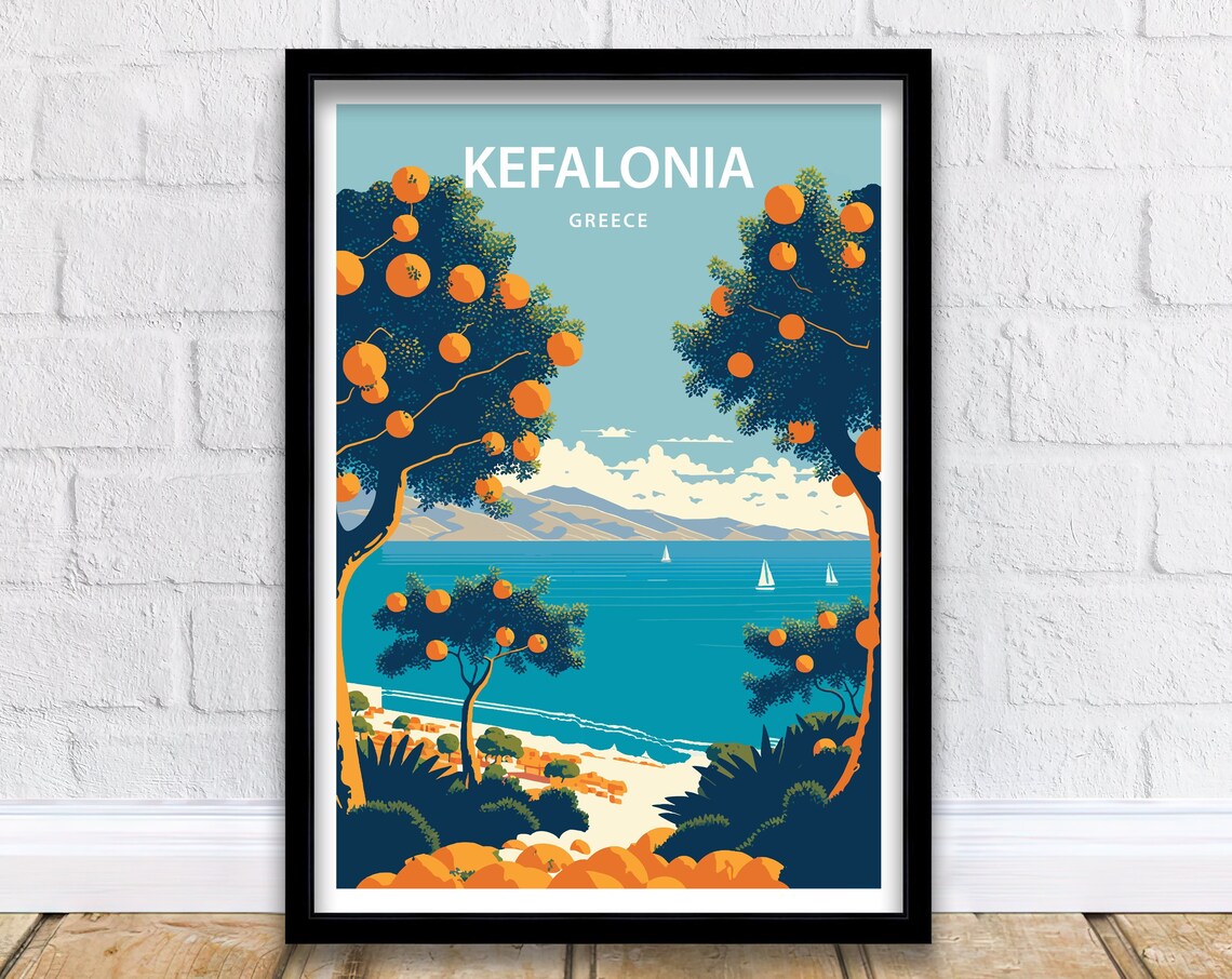 Kefalonia Travel Poster, Greece Beach Travel Art