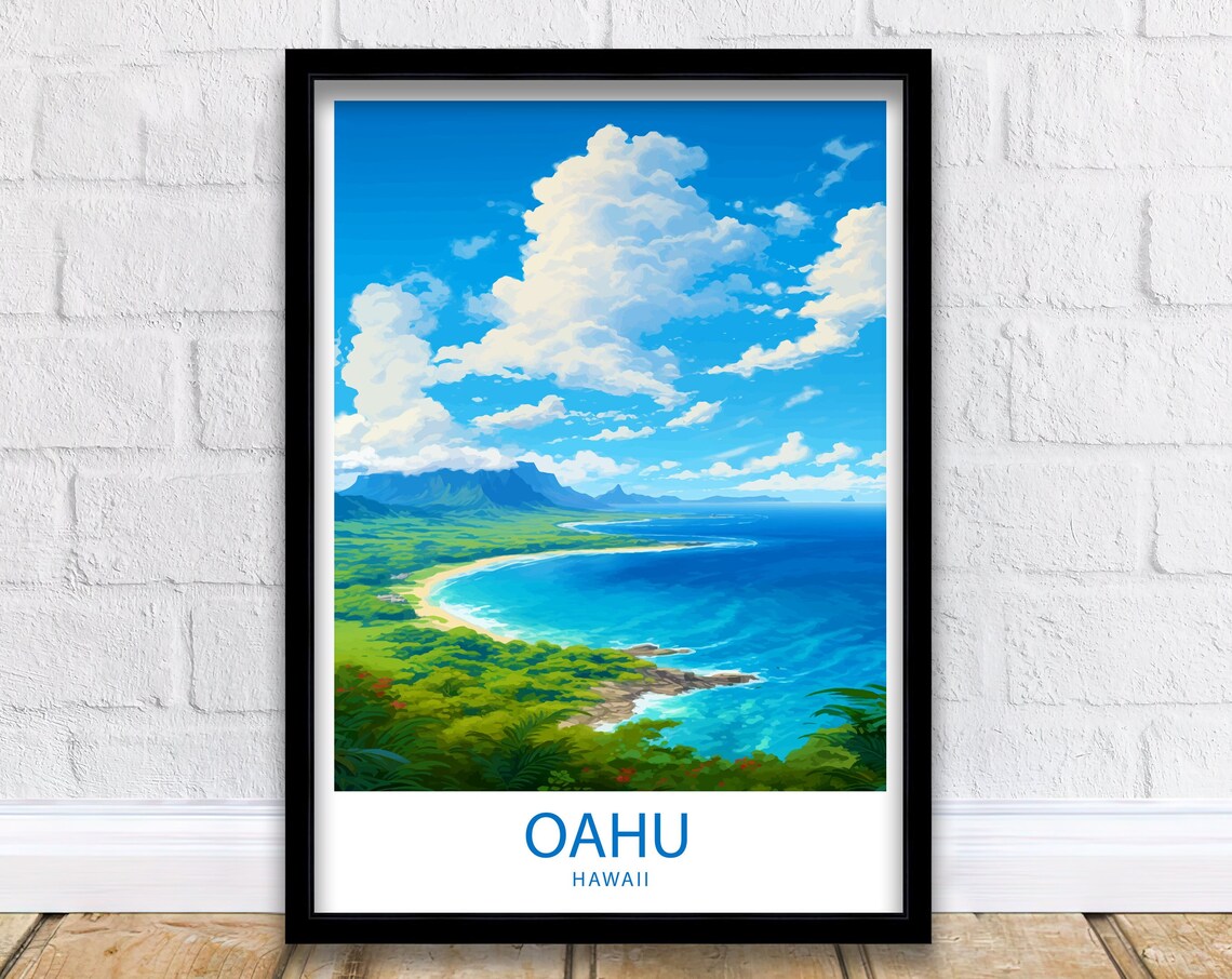 Oahu Hawaii Turquoise Bay Lush Green Hillside Coastline Art Poster