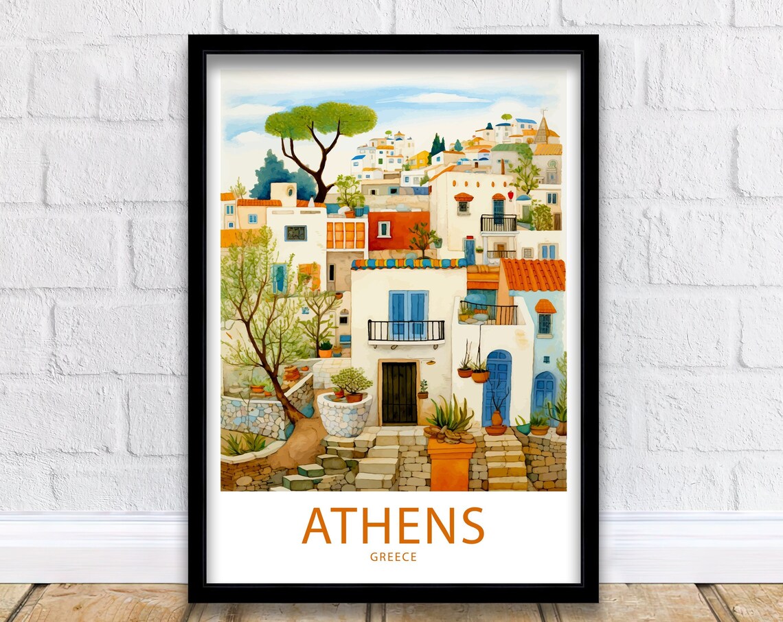 Athens Greece White Washed Old Town Houses Watercolor Art Poster