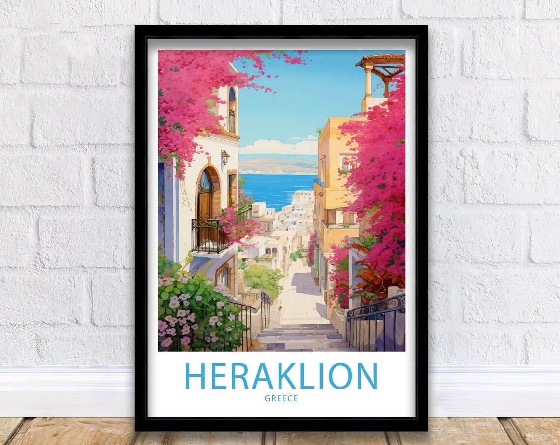 Heraklion Greece Bougainvillea Steps Sea View Retro Travel Poster