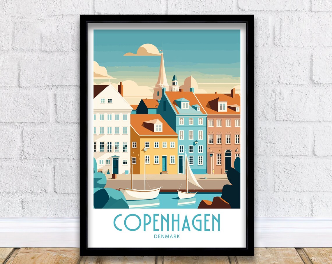 Copenhagen Denmark Pastel Harbor Houses Sailboats Retro Poster