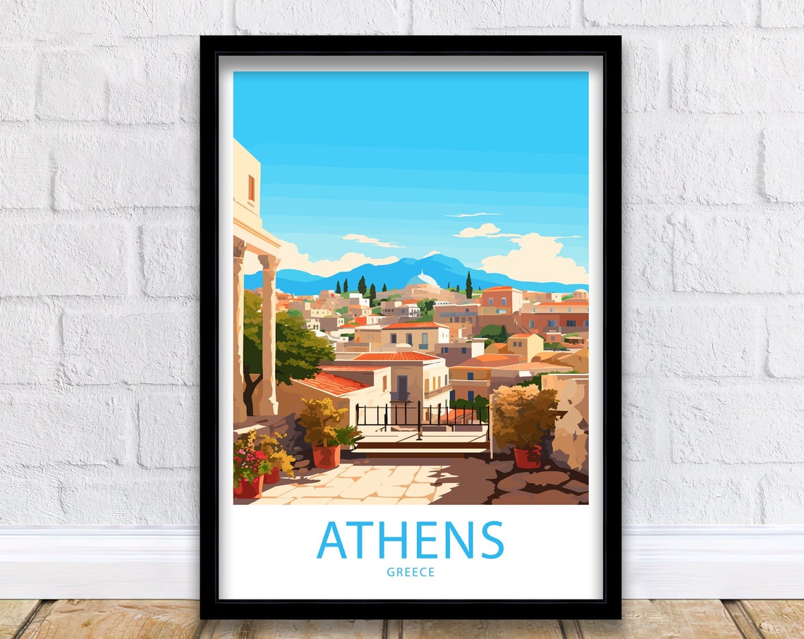 Athens Greece Column Terrace Panoramic City View Retro Art Poster
