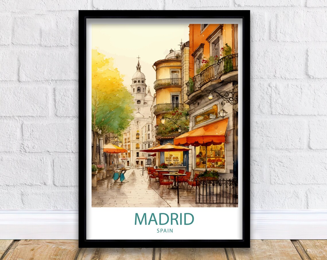 Madrid Spain Watercolor Cafe Street with Church Spire Art Poster - Image 5