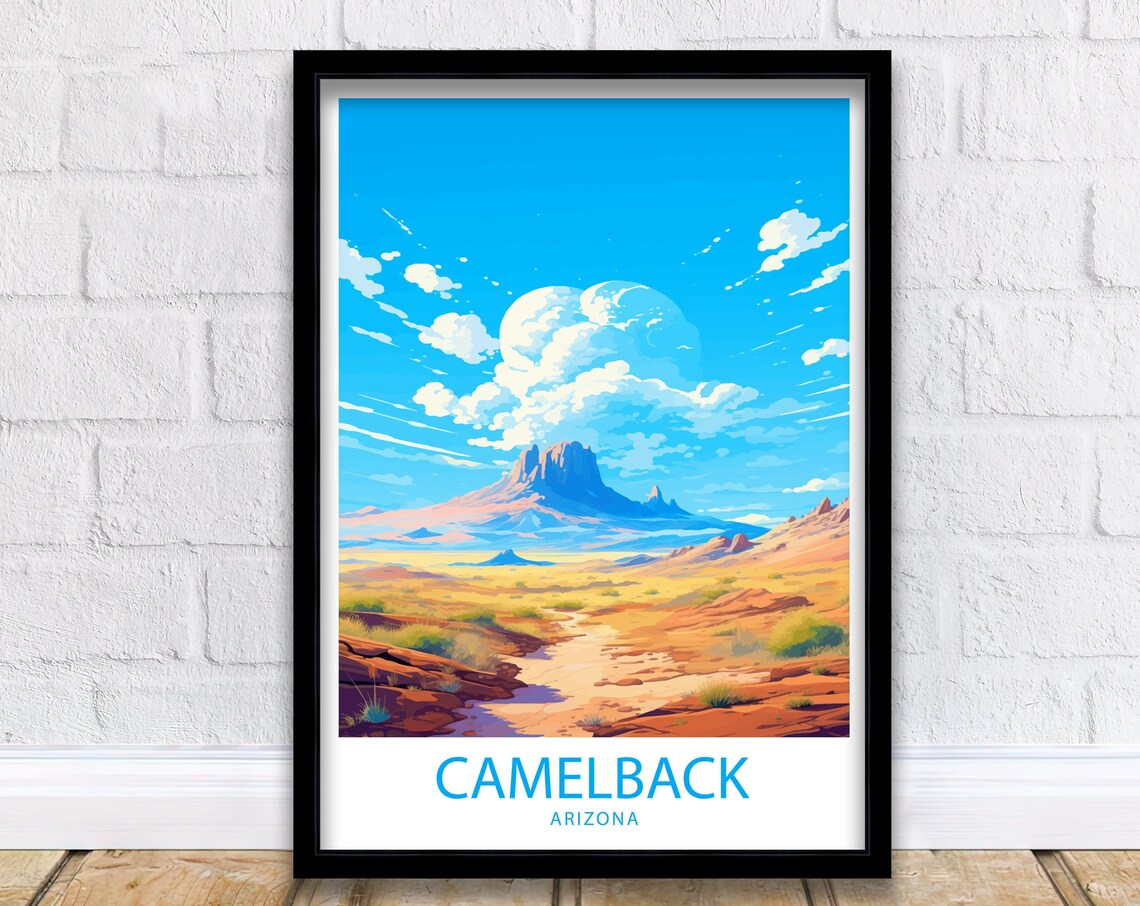 Camelback Arizona Desert Mountain Sunset Retro Travel Scene Poster