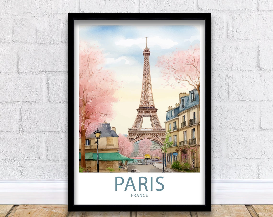 Paris France Eiffel Tower Spring Blossom Illustrated Travel Poster