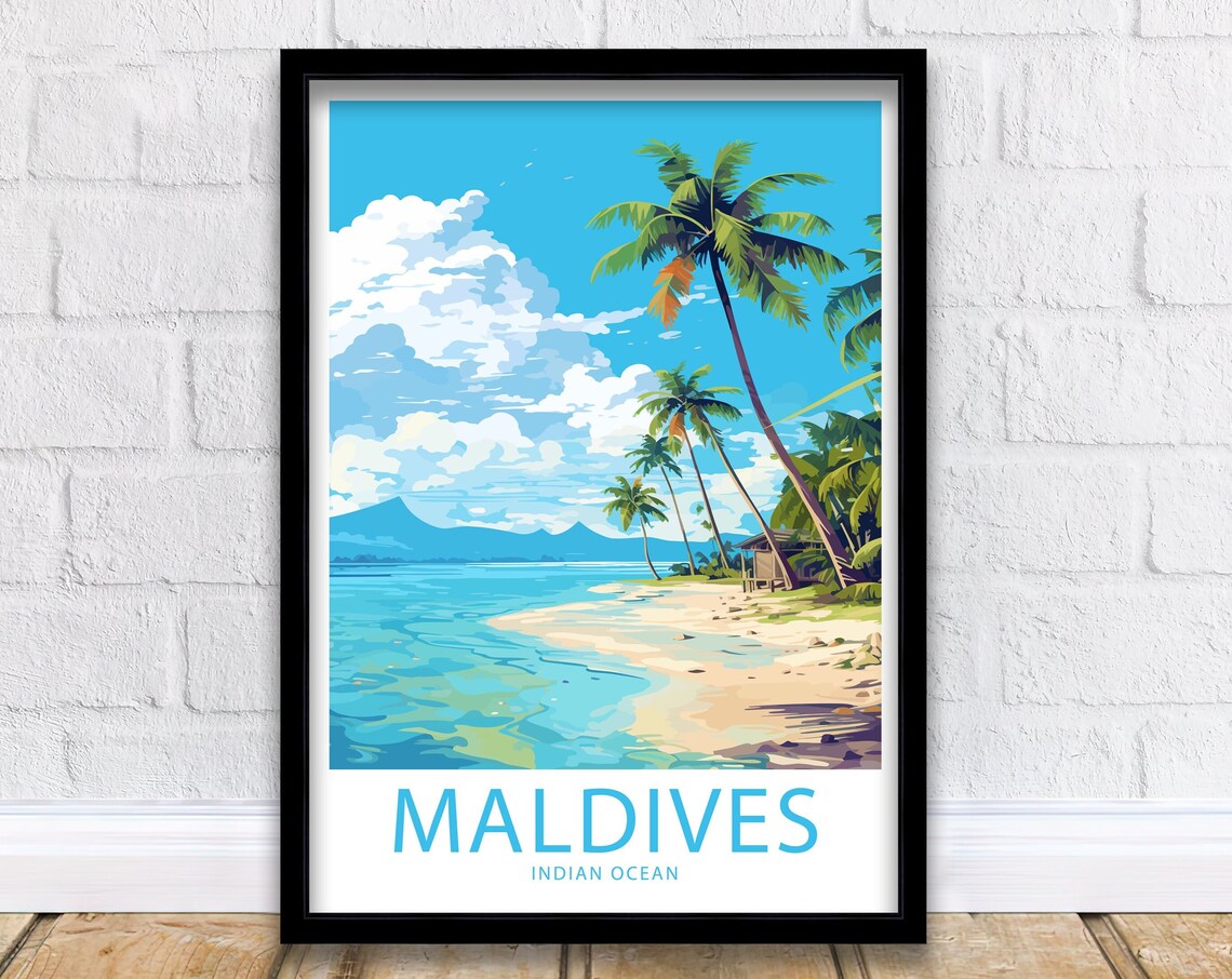 Maldives Indian Ocean Leaning Palms Sandy Beach Clear Blue Sea Poster