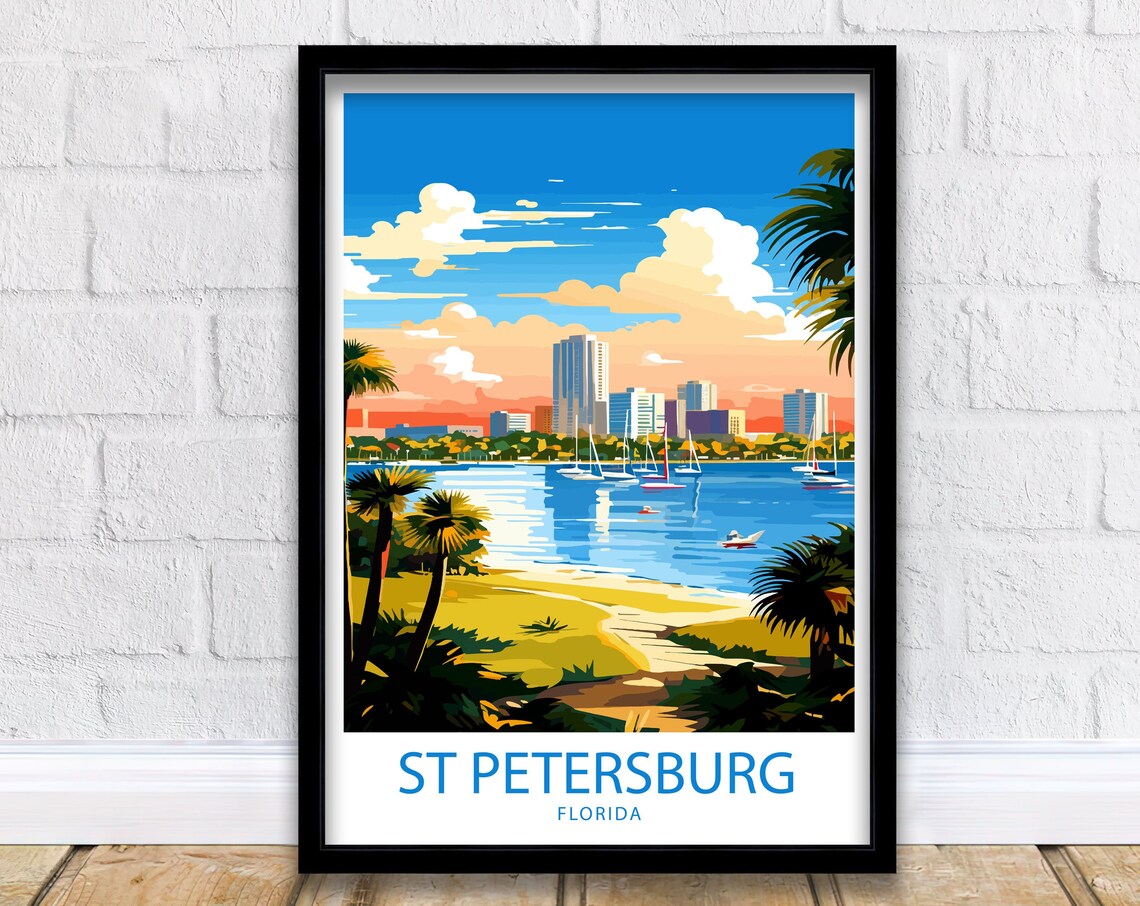 St Petersburg Florida Skyline Over the Bay with Sailboats Art Poster