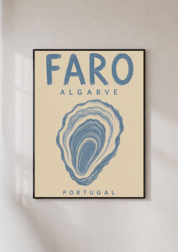 Faro Algarve Portugal Travel Blue Oyster Retro Coastal Art Poster
