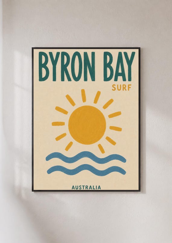 Byron Bay Surf Poster Australia Beach Wall Art Retro Sun Print Coastal Decor