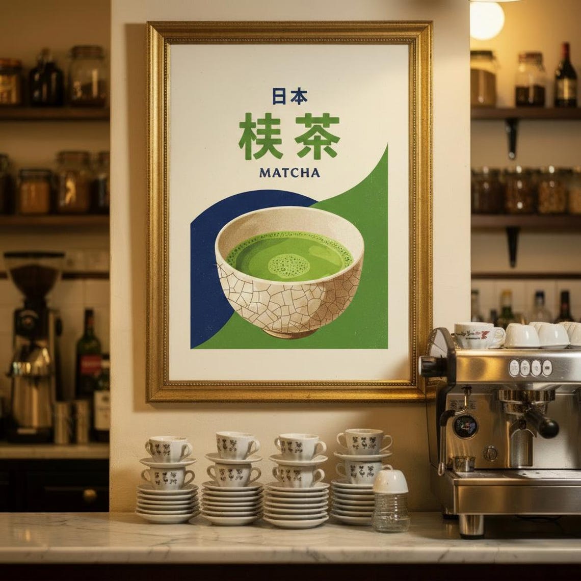 Matcha Green Tea Japanese Chawan Bowl Retro Kitchen Cafe Poster