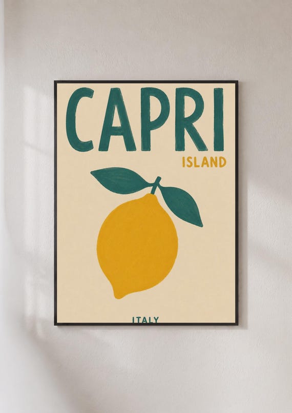 Capri Island Italy Lemon Poster Italian Travel Wall Art Retro Mediterranean Print