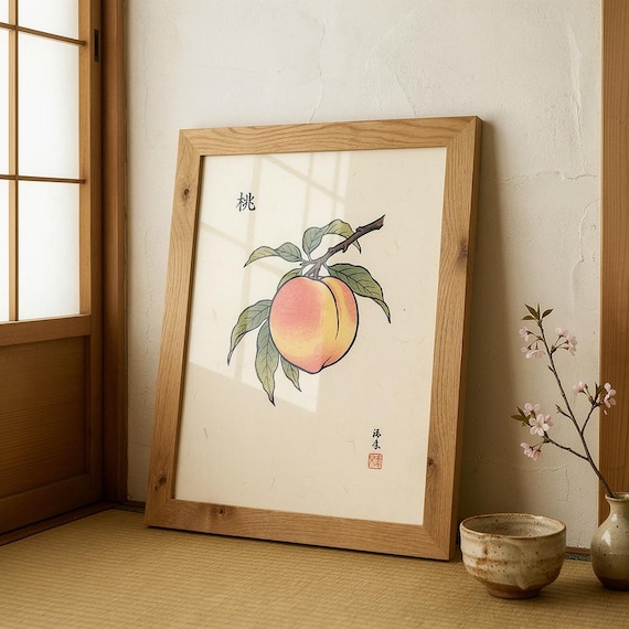 Japanese Peach Botanical Print With Watercolor Branch And Kanji