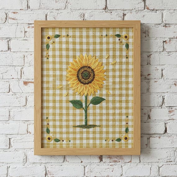 Embroidered Sunflower Print, Cottagecore Botanical Poster