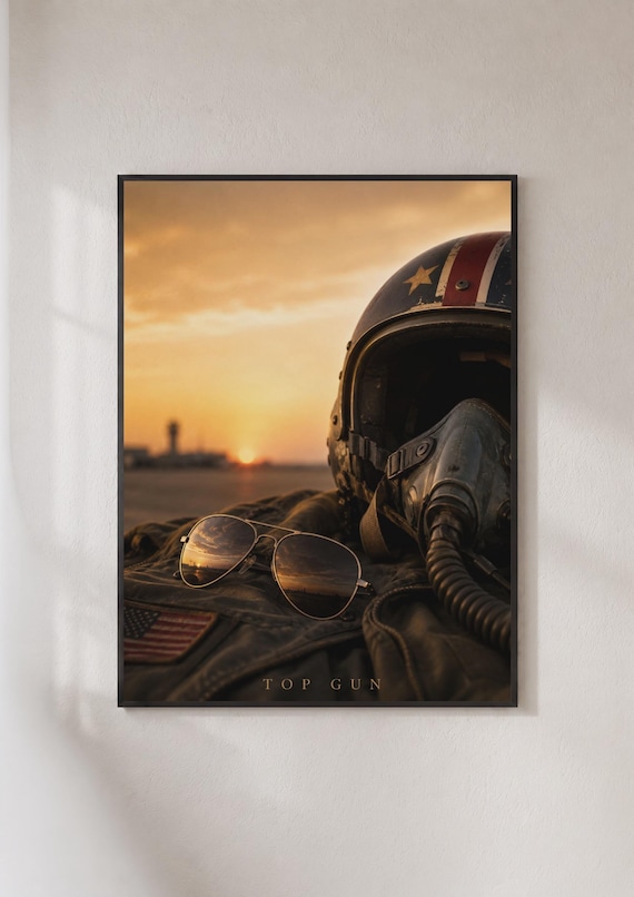 Top Gun Fighter Pilot Helmet Aviator Sunglasses Sunset Poster
