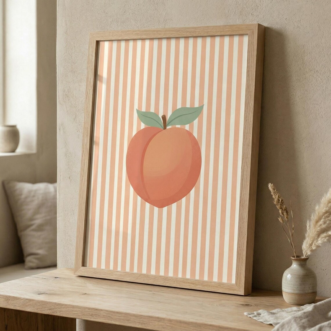Minimalist Peach Fruit Print, Striped Kitchen Art