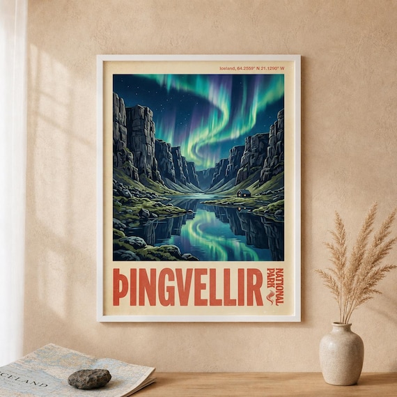 Thingvellir National Park Iceland Northern Lights Travel Poster