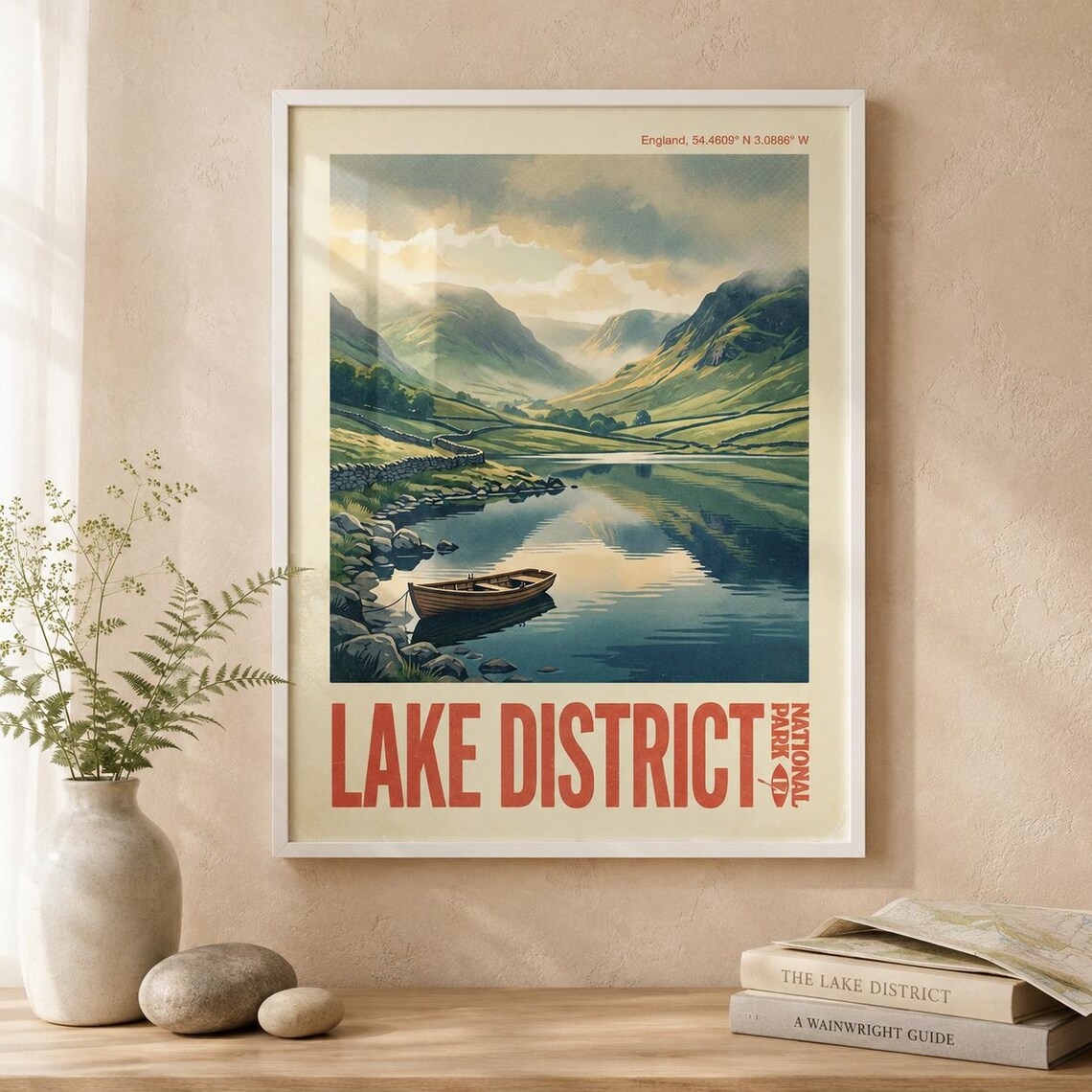 Lake District England National Park Rowboat Lake Retro Travel Poster