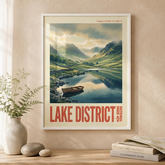 Lake District England National Park Rowboat Lake Retro Travel Poster