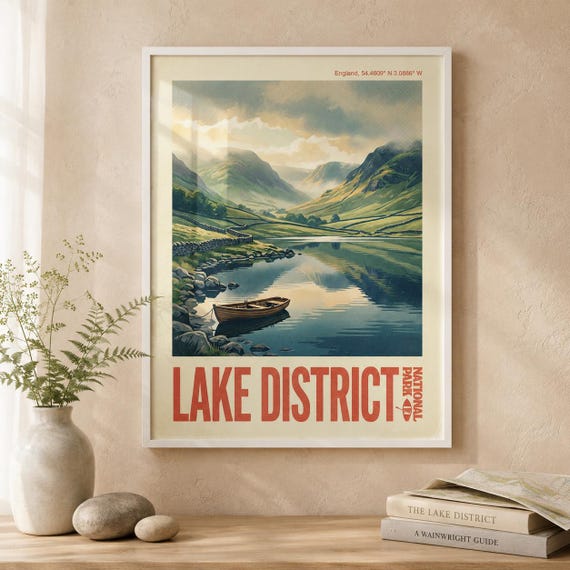 Lake District Print Vintage National Park Travel Poster English Landscape Wall Art