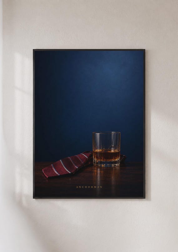 Anchorman Whisky Glass Tie Movie Poster Dark Blue Moody Bar Wall Art Print