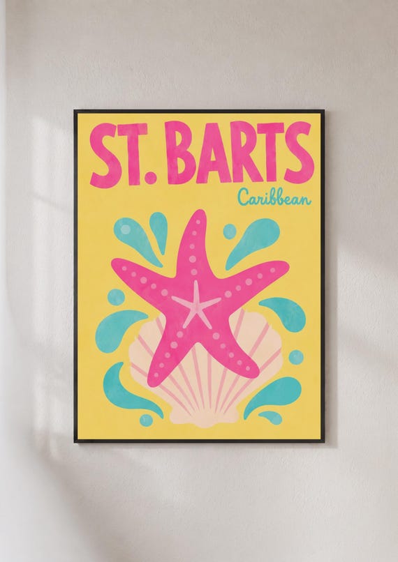 St Barts Caribbean Travel Poster, Retro Beach Print