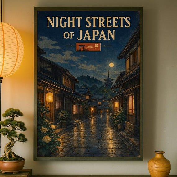 Kyoto Moonlight Street Print Japanese Lantern Alley Wall Art