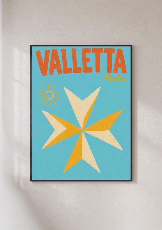 Valletta Malta Cross Symbol Retro Mediterranean Travel Poster