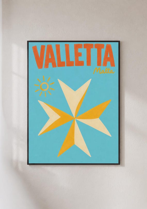 Valletta Malta Travel Poster Maltese Cross Wall Art Retro Mediterranean Print