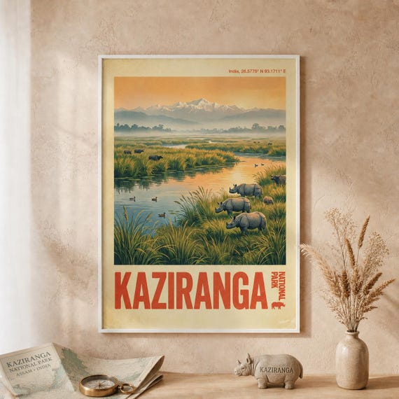 Kaziranga National Park Print India Travel Poster Assam Wildlife Wall Art Vintage Rhino Safari Landscape Gift