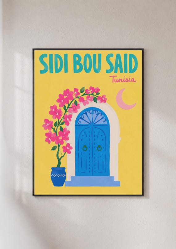 Sidi Bou Said Tunisia Travel Poster Blue Door Bougainvillea Wall Art Print