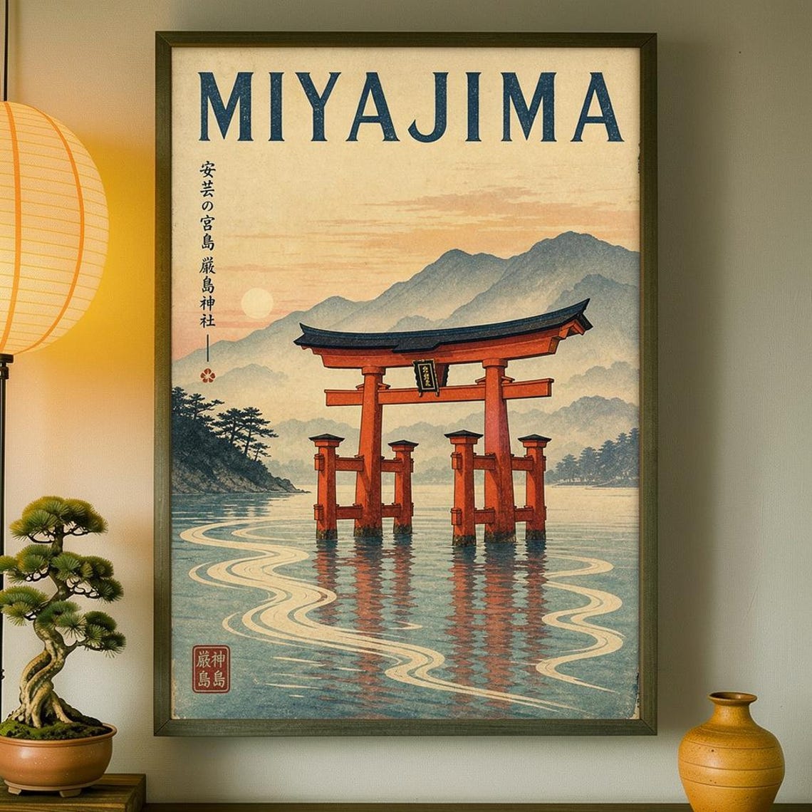 Miyajima Japan Vintage Travel Poster Floating Torii Gate Coastal Decor