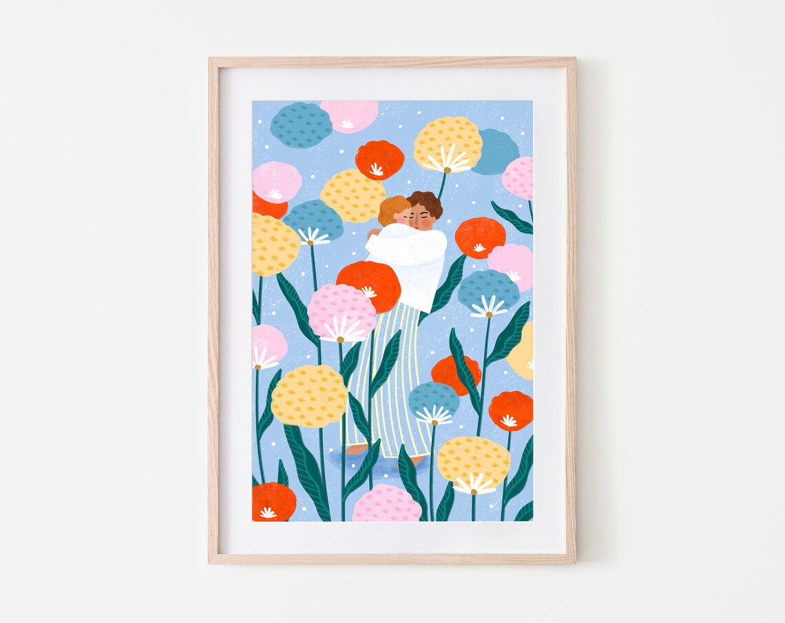 Mum Baby In Floral Garden Art Print, Motherhood