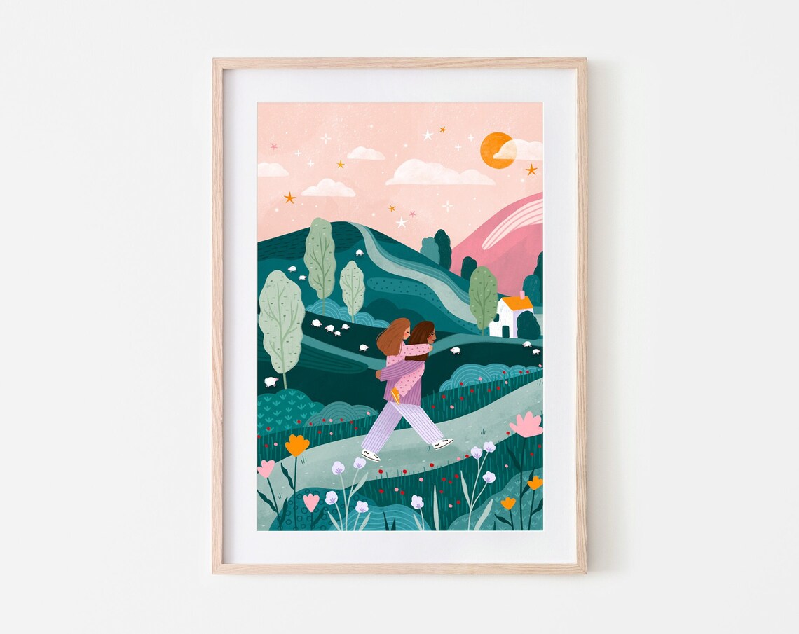 Mummy Daughter Countryside Walk Illustration Art Print