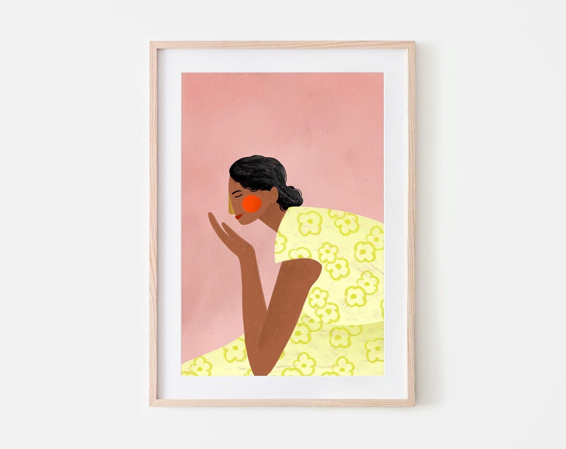 Woman In Yellow Floral Dress Summer Portrait Illustration Poster