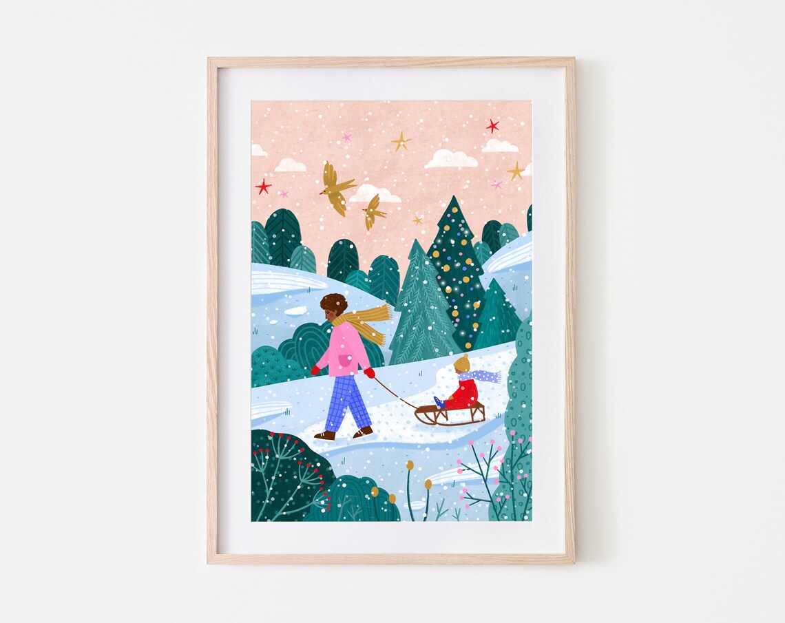 Snowy Sledge Walk Art Print, Family Illustration