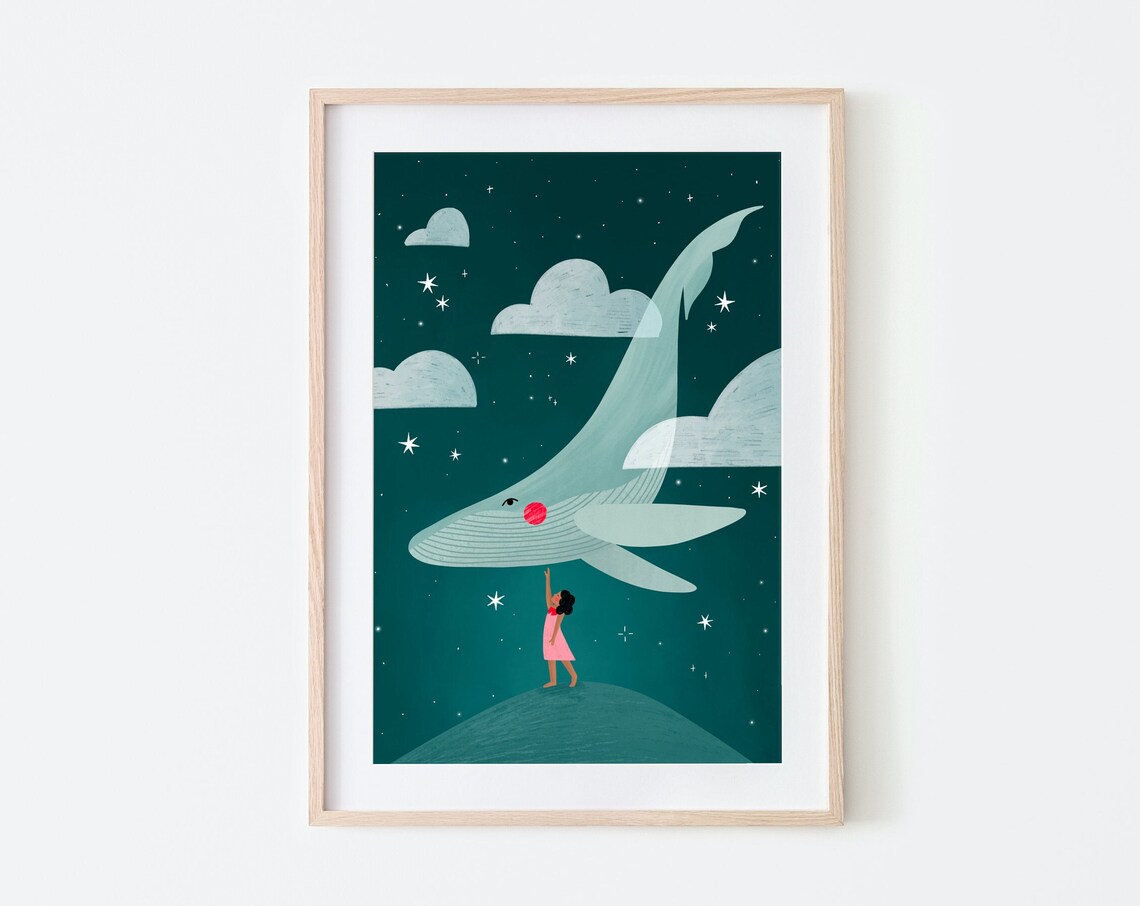 Flying Whale Art Print, Nursery Room Decor