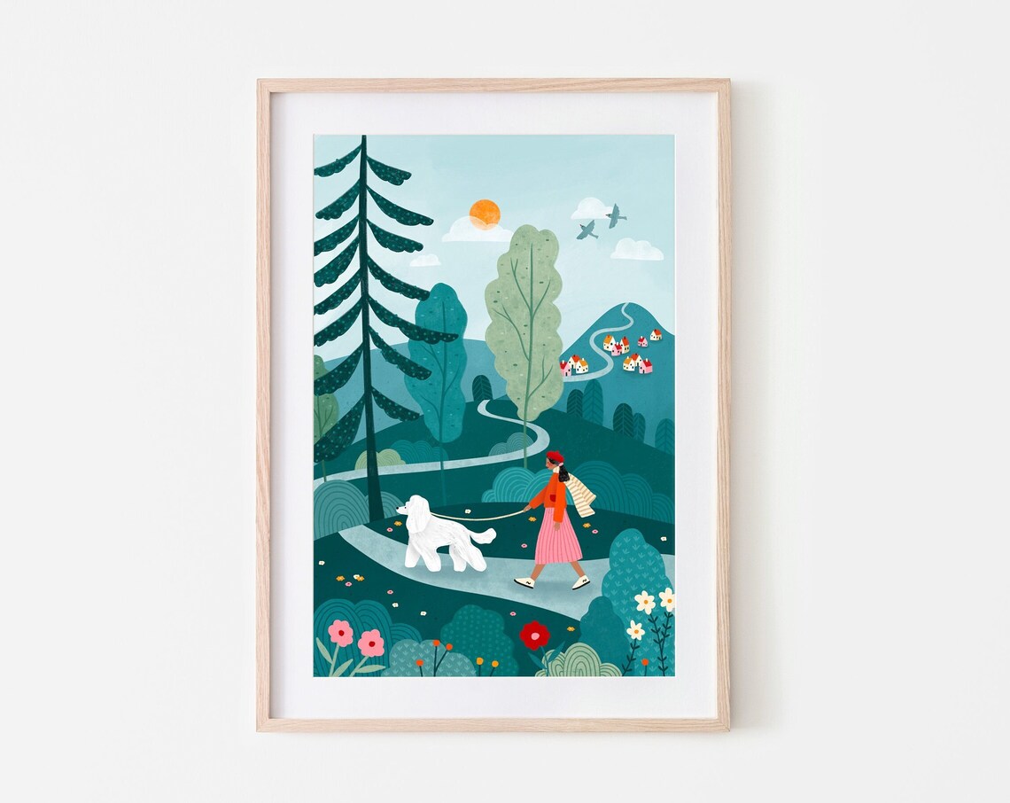 Woman Walking White Poodle On Forest Trail Village Hillside Poster