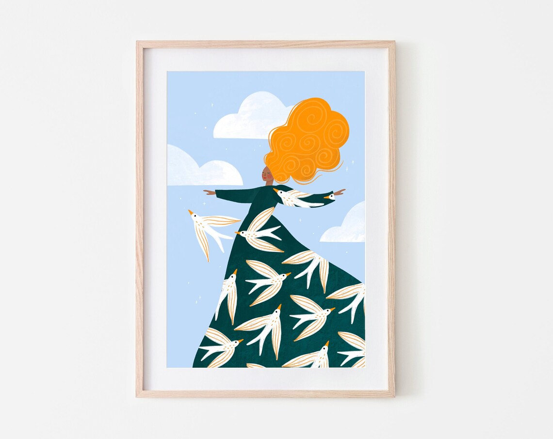 Free As A Bird Woman With Swallows Blue Sky Illustration Poster