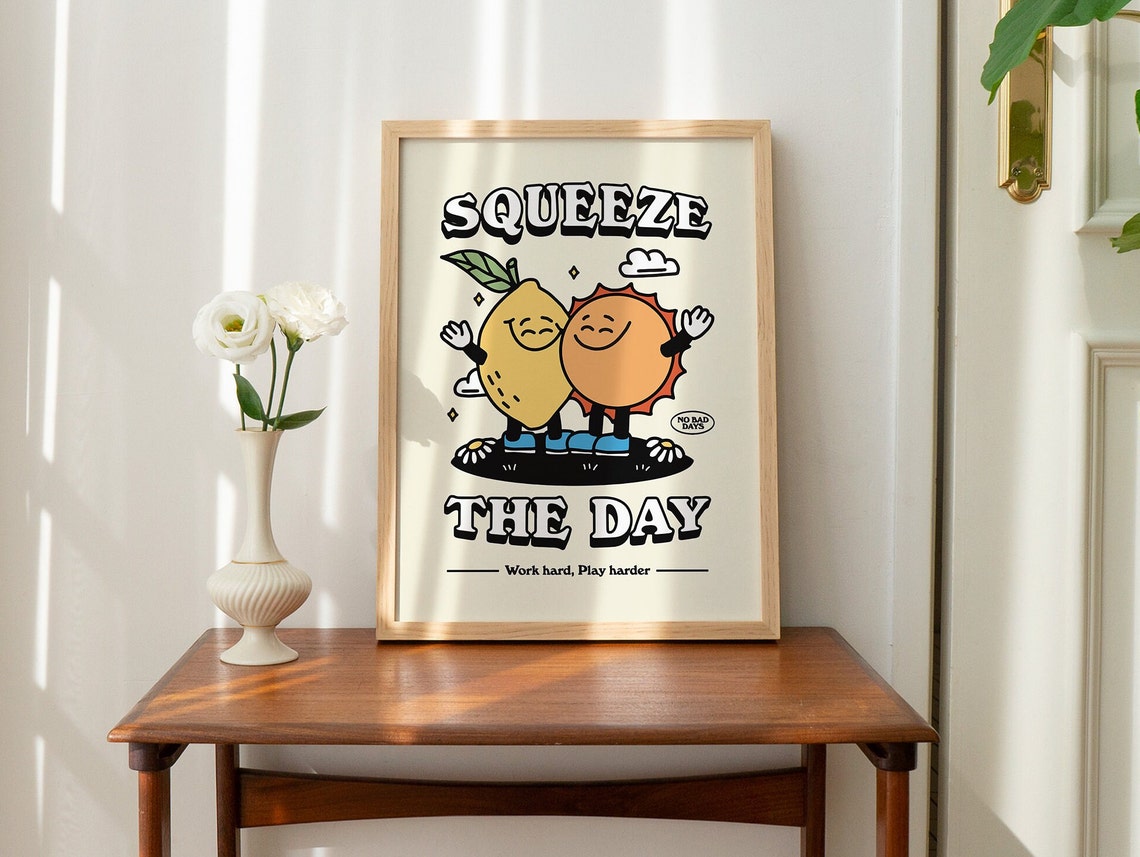 Squeeze The Day Lemon Sun Happy Characters Retro Quote Poster - Image 2