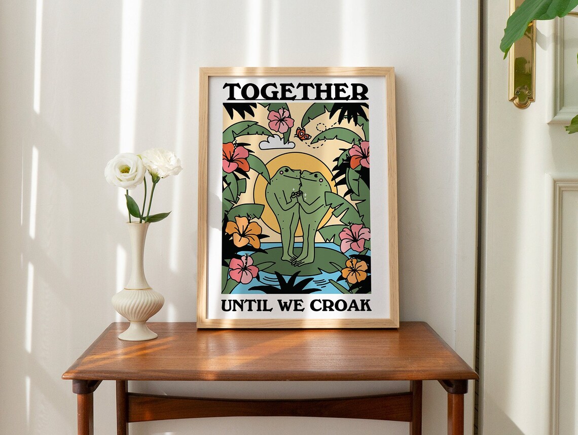 Together Until We Croak Frogs Love Tropical Flower Retro Quote Poster - Image 2