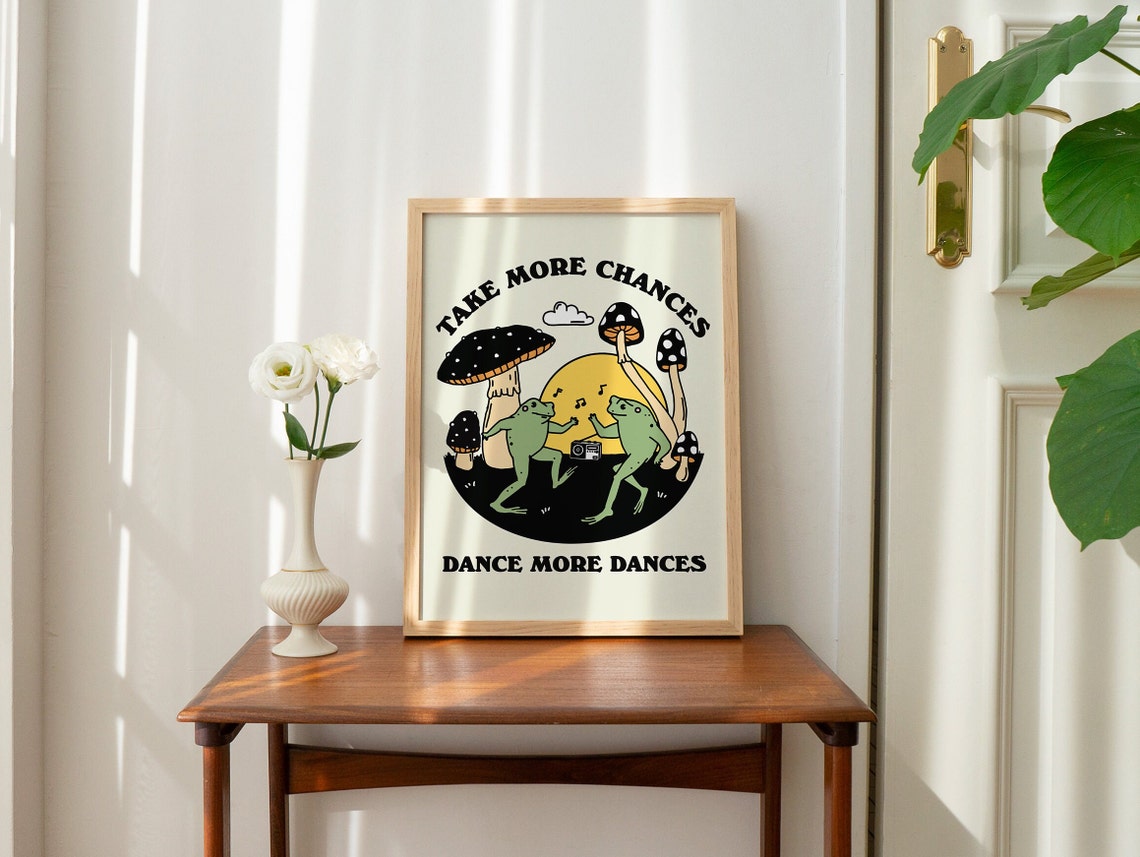 Dancing Frog Wall Print Retro Mushroom Poster 70s Print Mid Century Positive Quote Cute Wall Print Toad And Frog - Image 2