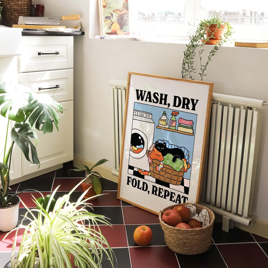 Wash Dry Fold Repeat Cat Retro Bathroom Art Print - Image 4