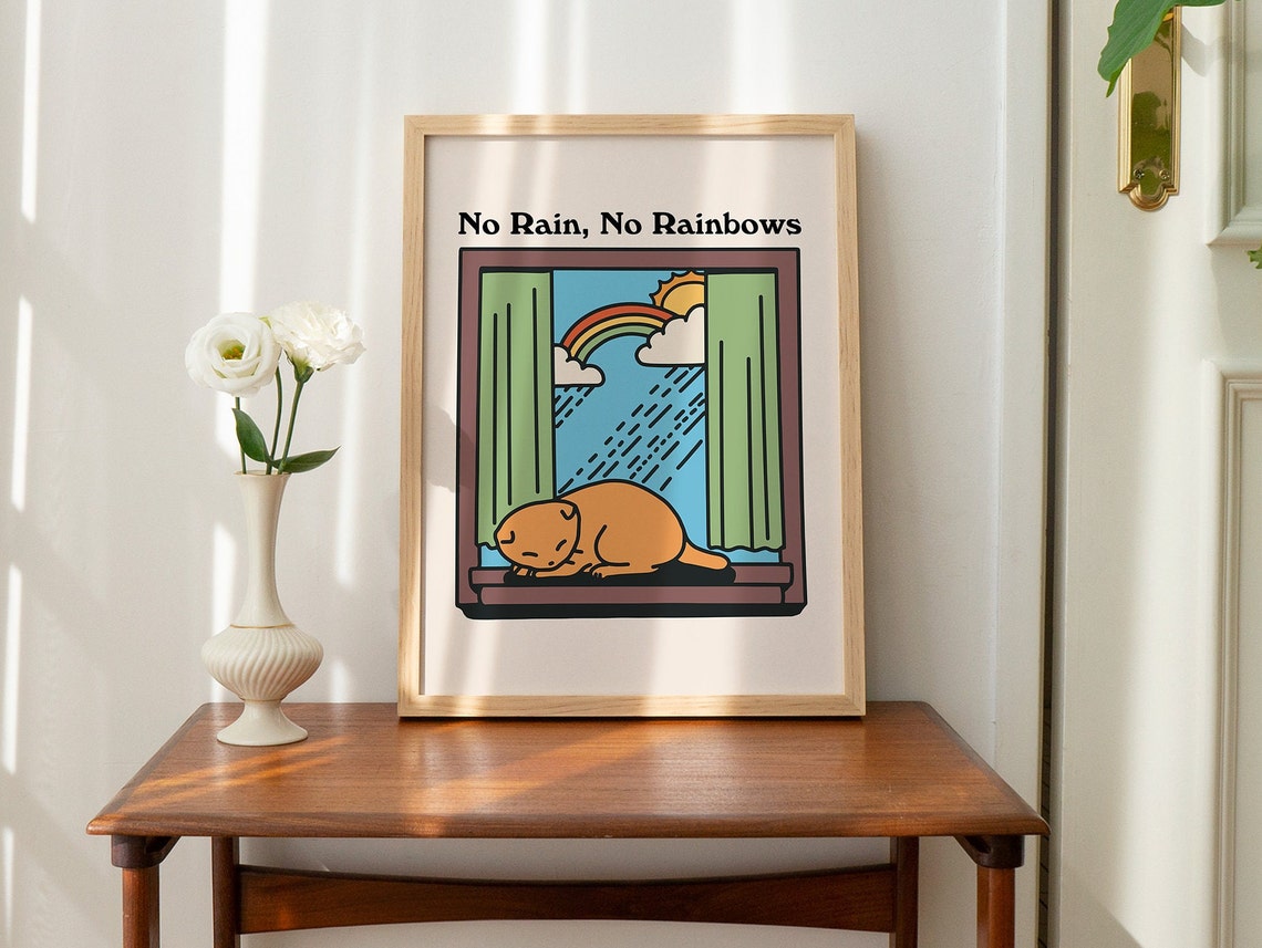 No Rain No Rainbows Sleeping Cat Window Rainbow Retro Quote Poster - Image 2