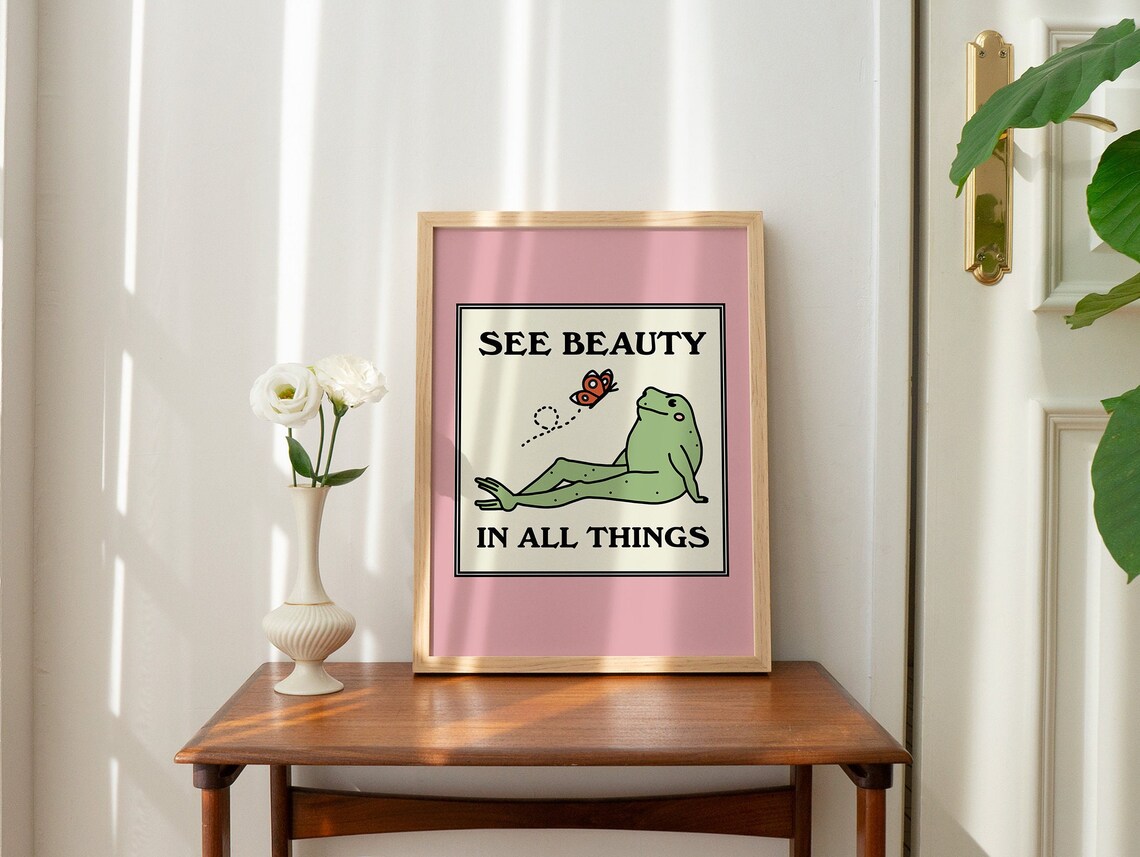 See Beauty In All Things Frog Butterfly Pink Retro Wall Poster - Image 2