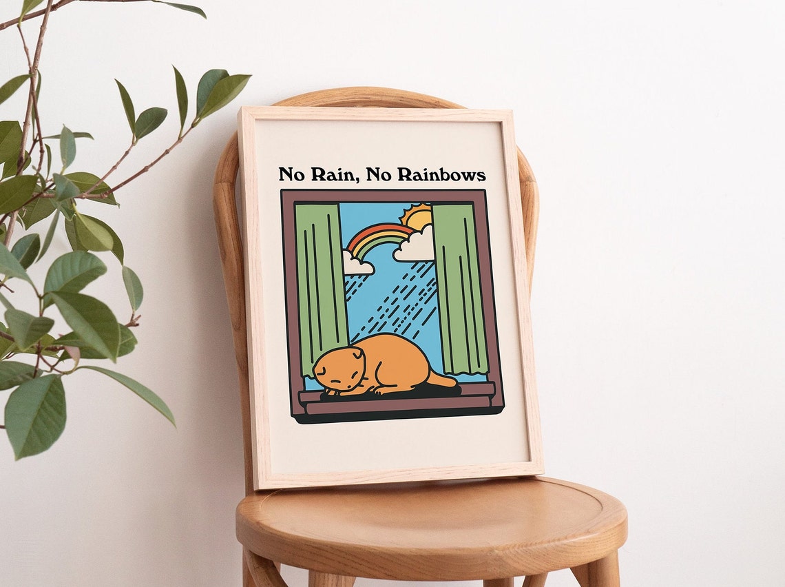 No Rain No Rainbows Sleeping Cat Window Rainbow Retro Quote Poster - Image 3