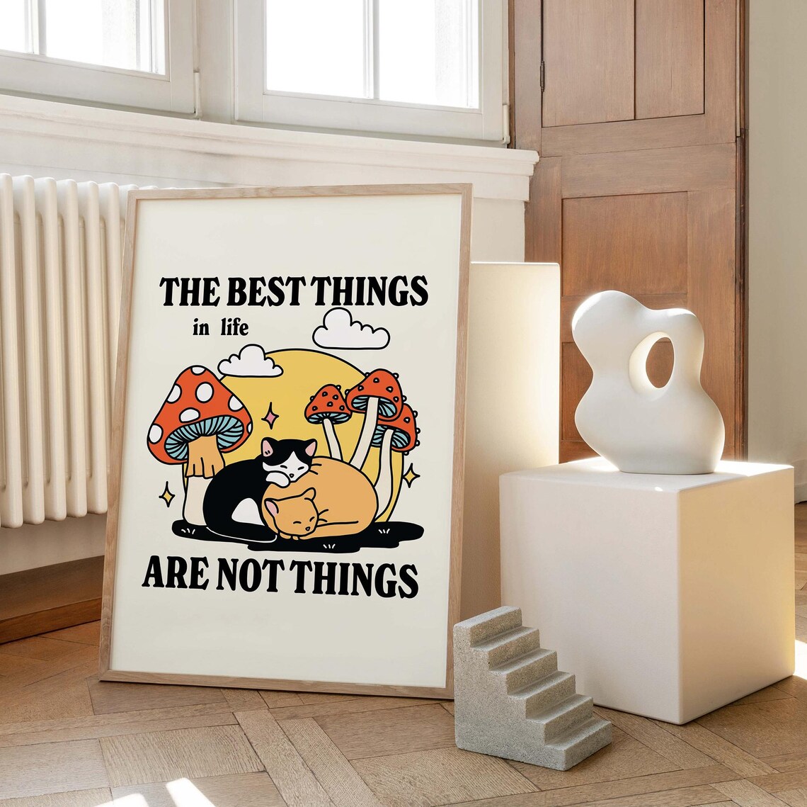 The Best Things in Life Are Not Things Retro Cats Mushroom Poster - Image 2