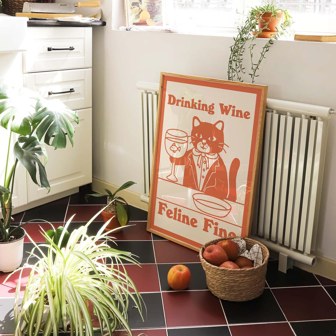 Drinking Wine Feline Fine Retro Orange Funny Cat Quote Poster - Image 3