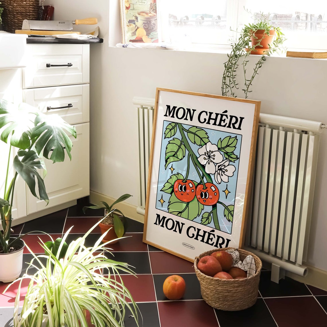 Mon Cheri Cute Cherry Blossom French Kitchen Illustration Poster - Image 3