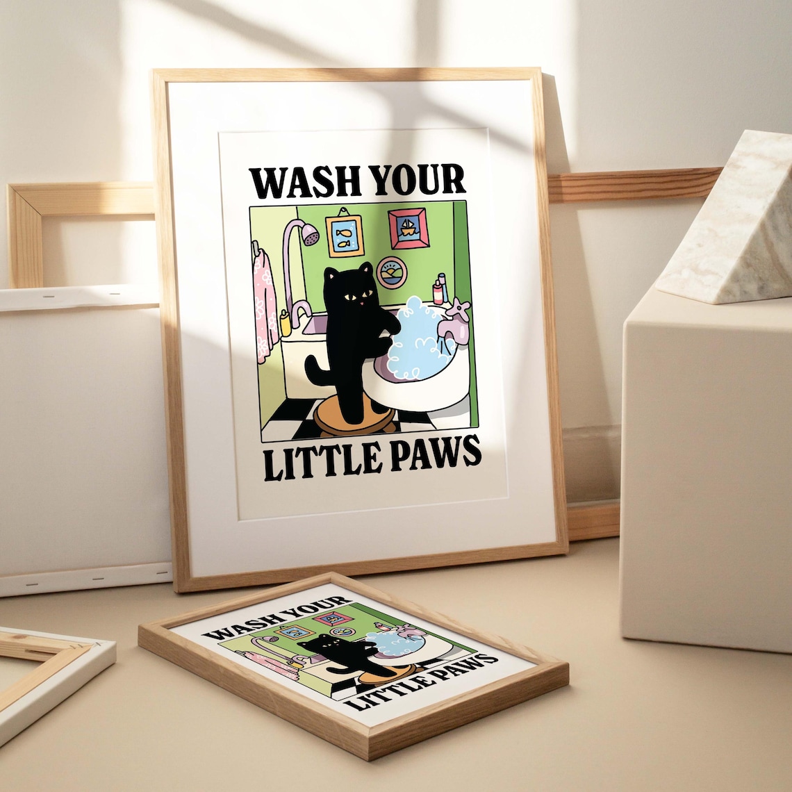 Wash Your Paws Green Cat Print, Cute Bathroom Poster - Image 3